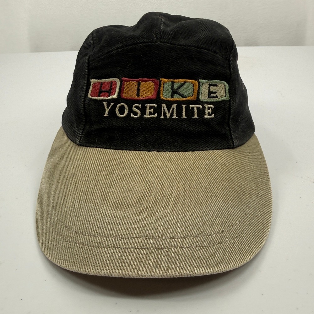 Vintage Hike Yosemite 5 Panel Hat Mens Black Tan Embroidered Camper Cap